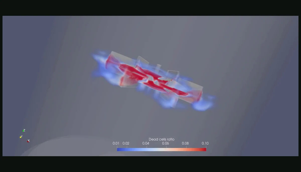 Original bioreactor CFD field rendering around stirred mixing hardware