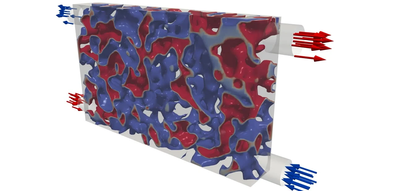 Early-stage two-fluid topology optimization visualization showing red and blue fluid regions evolving within a heat-exchanger design domain