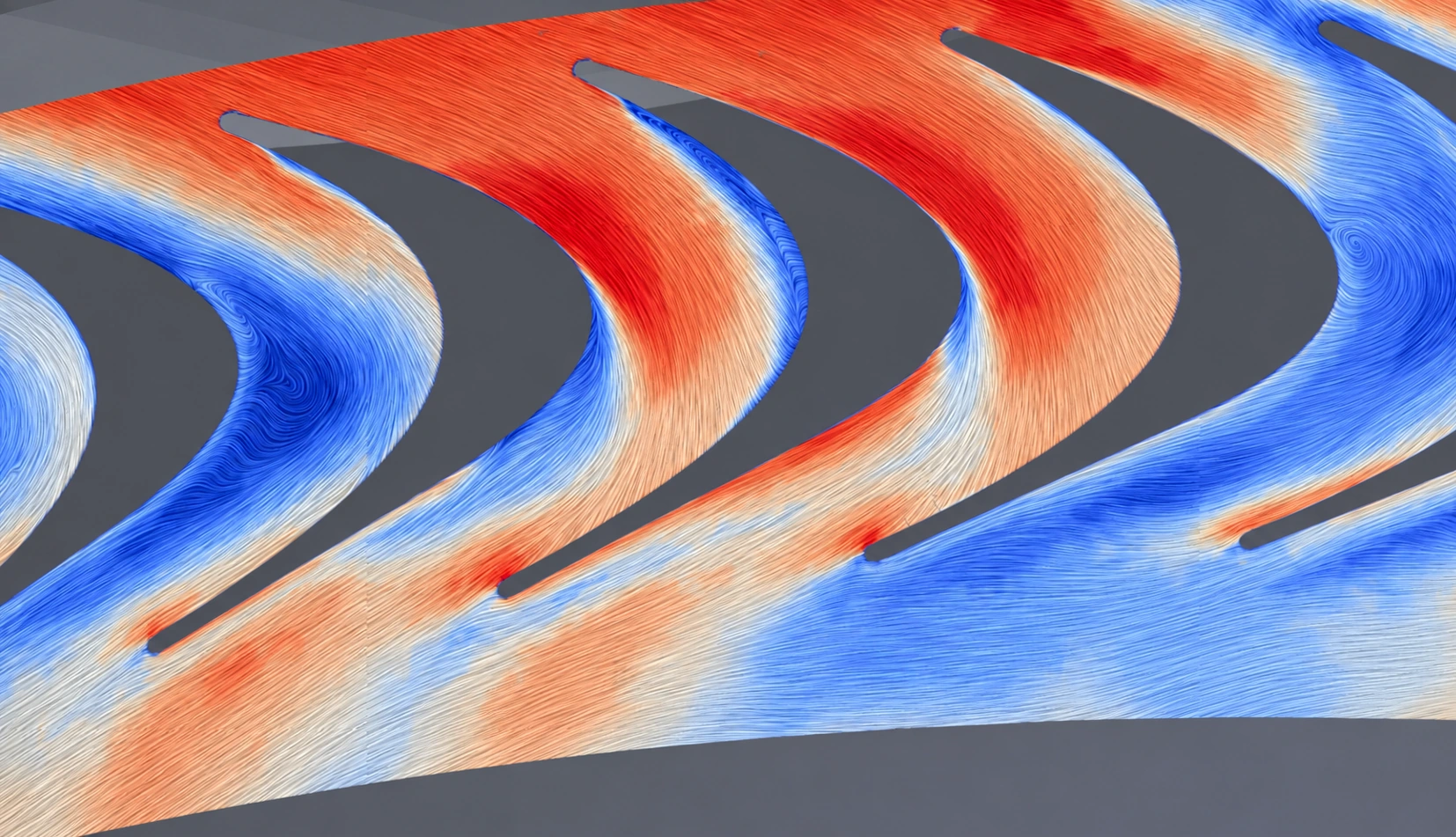 Contrast-enhanced CFD velocity structures around curved axial turbine rotor blades