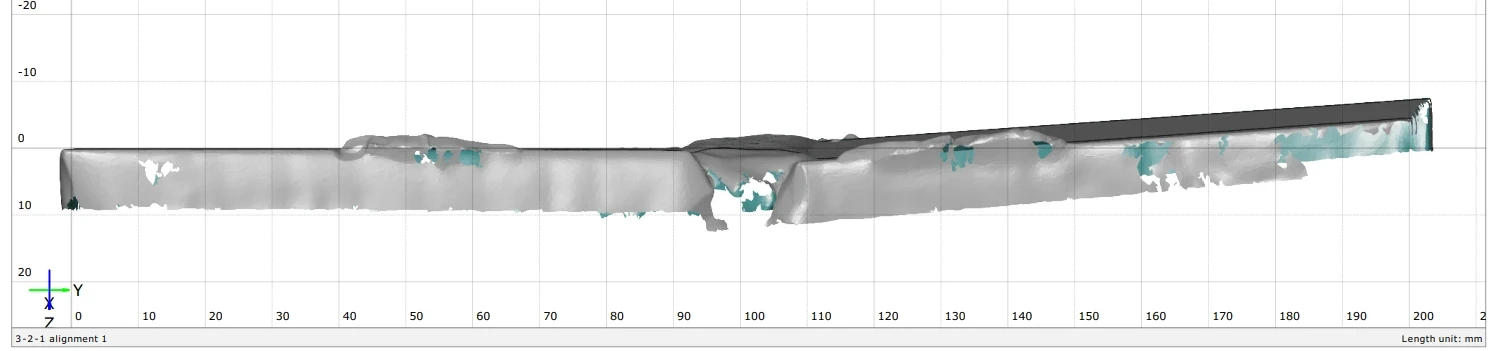 Side view of the scanned plates showing the angular misalignment between them after welding