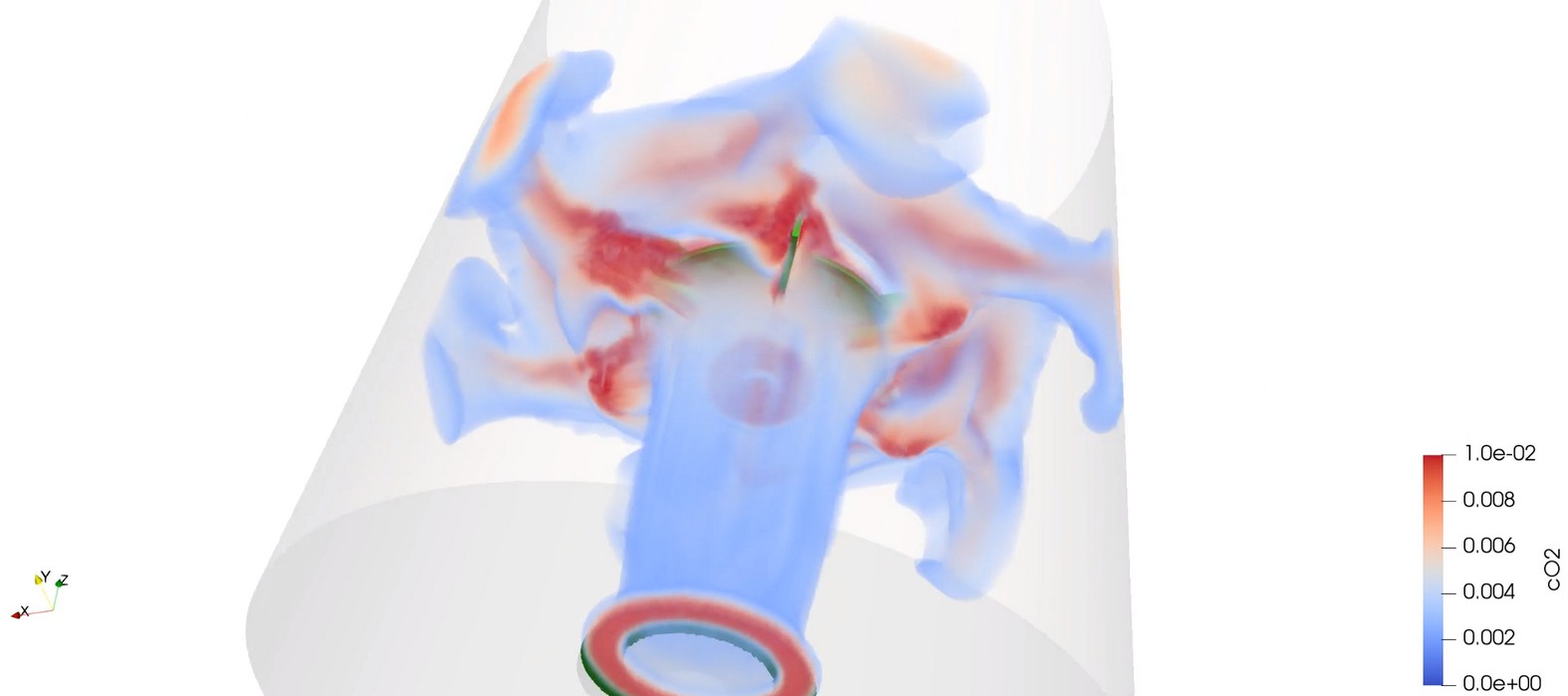 Original OpenFOAM stirred-tank oxygen concentration field, with low and high oxygen regions around reactor internals and the original cO2 concentration legend
